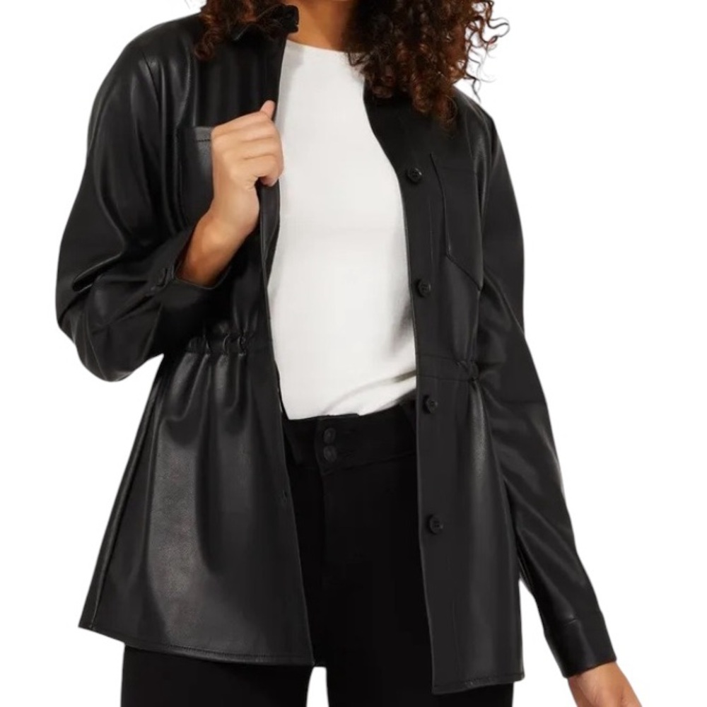 SUZY SHIER Faux Leather Oversized Drawstring Jacket with Pockets